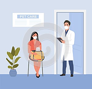 Veterinarian services. Young woman sitting and holding pet carrier with cat at vet office. Flat vector illustration