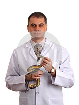 Veterinarian with a snake in his hands isolated on white