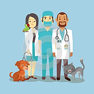 Veterinarian staff with cute pets isolated on blue