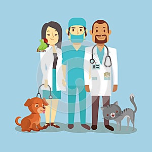 Veterinarian staff with cute pets isolated on blue photo