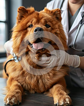 Veterinarian in white uniform with stethoscope performing a routine examination of a dog in a vet clinic. Close-up