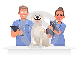 Veterinarians with pets. Man and woman, workers of the vet clinic with a cat and a dog on a white background