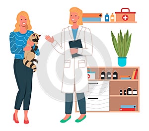 Veterinary care flat illustration. Veterinarian woman meet girl with raccoon in the medical office