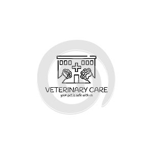 Veterinary care logo, hospital and paw, minimalistic symbol design, animal care, vector illustration