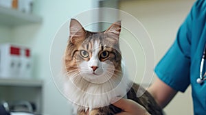 Veterinary Check Up. Cropped Shot Of Nurse Woman Holding Domestic Cat In Vet Clinic. Closeup Of Pet In Doctor& x27;s