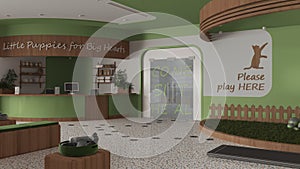 Veterinary clinic in green and wooden tones. Sitting waiting room with benches, pillows and toys. Reception desk, weight scale,