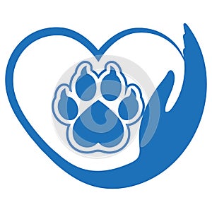 Veterinary clinic logo illustration.Hand with heart and dog paw