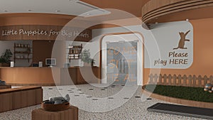 Veterinary clinic in orange and wooden tones. Sitting waiting room with benches, pillows and toys. Reception desk, weight scale,