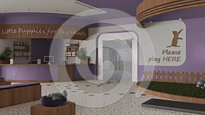 Veterinary clinic in purple and wooden tones. Sitting waiting room with benches, pillows and toys. Reception desk, weight scale,