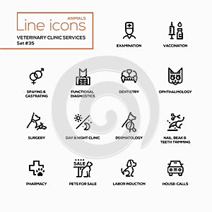 Veterinary clinic services - modern vector single line icons set