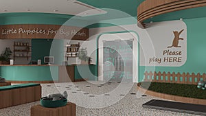 Veterinary clinic in turquoise and wooden tones. Sitting waiting room with benches, pillows and toys. Reception desk, weight scale