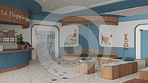 Veterinary clinic waiting room in blue and wooden tones. Reception desk, comfortable sitting area with benches, play garden with