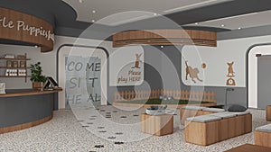 Veterinary clinic waiting room in gray and wooden tones. Reception desk, comfortable sitting area with benches, play garden with