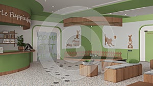 Veterinary clinic waiting room in green and wooden tones. Reception desk, comfortable sitting area with benches, play garden with