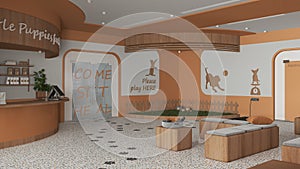 Veterinary clinic waiting room in orange and wooden tones. Reception desk, comfortable sitting area with benches, play garden with