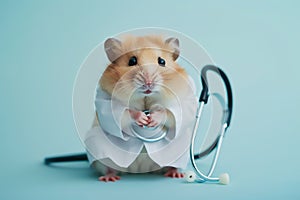 Veterinary concept. Hamster health care. Cute syrian hamster doctor isolated on blue background