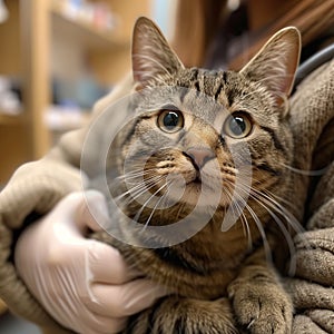 Veterinary doctor holds cat, cat on veterinarian hands. Veterinary clinic. Generative AI