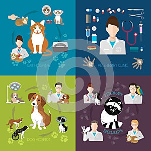 Veterinary flat set with cat and dog hospital medicine clinic isolated on background.