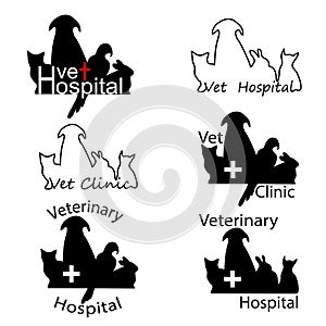 Veterinary Hospital logos with cat, dog, rabbit and parrot silhouettes.
