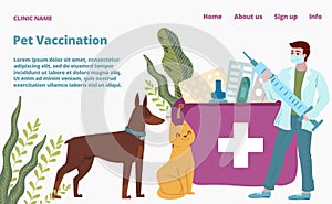 Veterinary hospital, tiny vet doctor hold syringe landing web page, concept banner website template cartoon vector