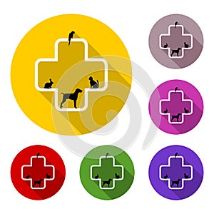 Veterinary icon with medicine symbol with long shadow set