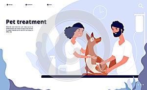 Veterinary landing. Veterinarian treats pet in clinic. Treatment, counseling and care for pets vector website concept photo
