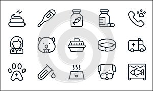 veterinary line icons. linear set. quality vector line set such as fish, pet food, paw, dog, test tube, vet, pet collar, pills,