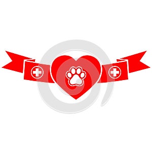 Veterinary logo red banner with heart and paw of a dog on a white background