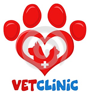 Veterinary Love Paw With Dog Cat Silhouette And Cross Print Logo Flat Design.