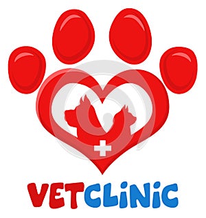 Veterinary Love Paw With Dog Cat Silhouette And Cross Print Logo Flat Design