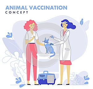 Veterinary vaccination concept with animal and doctor in vet clinic for immunity health.