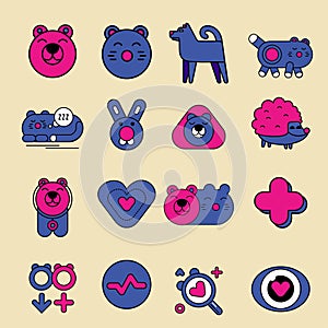 Veterinary vector icons set. Animal medical service signs collection. Flat style illustrations.