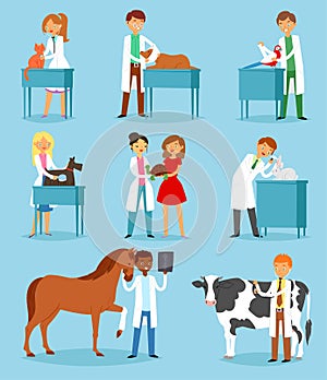 Veterinary vector veterinarian doctor man or woman treating pet patients cat or dog illustration set of vet people with