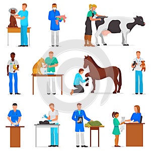 Veterinary vector veterinarian doctor man or woman treating pet patients cat or dog illustration set of vet people with photo