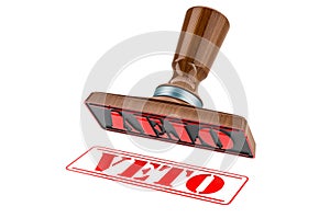 Veto stamp. Wooden stamper, seal with text veto, 3D rendering photo