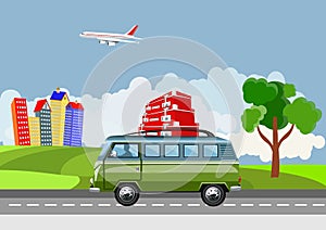 Vetor minibus driving on road, countryside, rural background, vector concept illustration