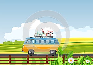 Vetor minibus driving on road, countryside, rural background, vector concept illustration