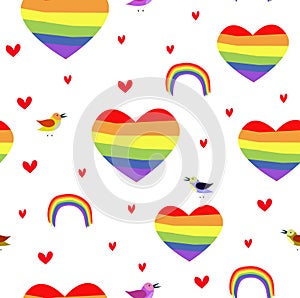 Vector seamless patttern with rainbow hearts. Pride day.