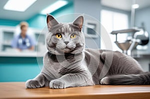 vets examination, veterinary clinic, animal treatment, pet gray cat in a collar on the table of the veterinary