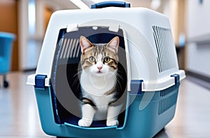 vets examination, veterinary clinic, animal treatment, pet striped gray cat in a carrier, medicines for cats,