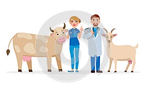 Vets and healthy farm animals - cow and goat vector flat illustration. Cheerful Medical staff cartoon characters having