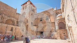 Vew on main entrance in at the Church of the Holy Sepulchre in Old City of Jerusalem timelapse hyperlapse