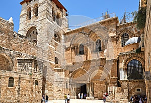 Vew on main entrance to the Church of the Holy Sepulchre in Old City