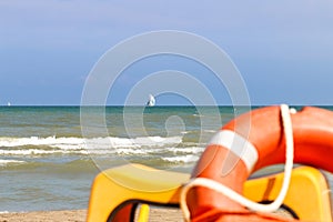 Vew from shore to sailing boats far to the sea, Italy, Riccione