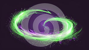 VFX light trail in neon green isolated on dark background. Modern cartoon UI kit of a magician witch playing with magic