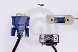 VGA Cable male and female connector. blue VGA monitor connector isolated on white background