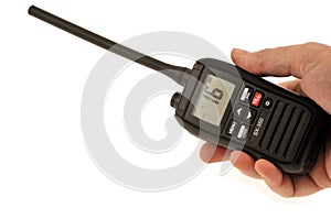 VHF in hand close-up on white background