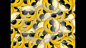 Vhs glitch effect over multiple face wearing sunglasses emojis on black background