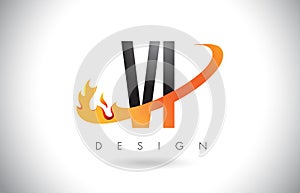 VI V I Letter Logo with Fire Flames Design and Orange Swoosh.