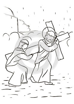 Via Crucis drawing depicting when Simon of Cyrene helps Jesus carry the cross, Vector illustration